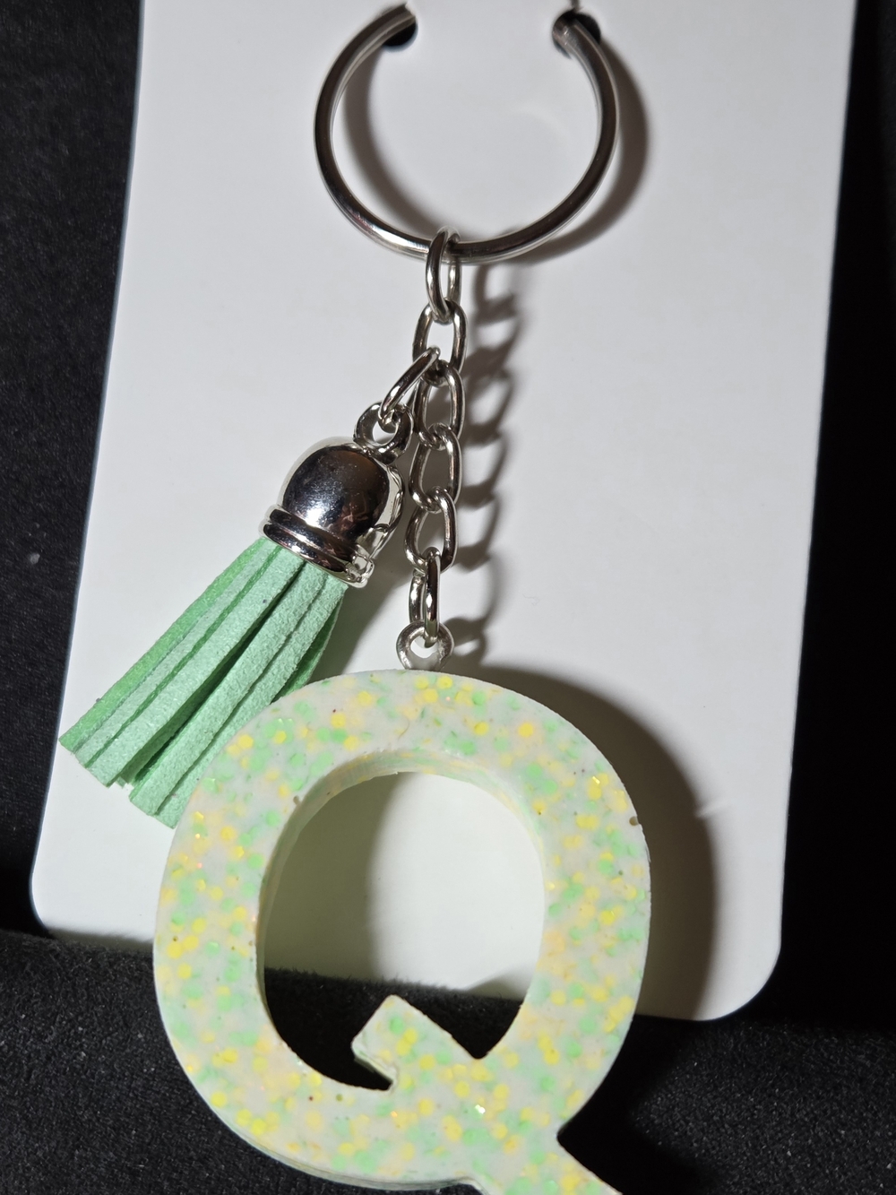 Green Glitter 'Q' Key & Tassel Charm Keychain